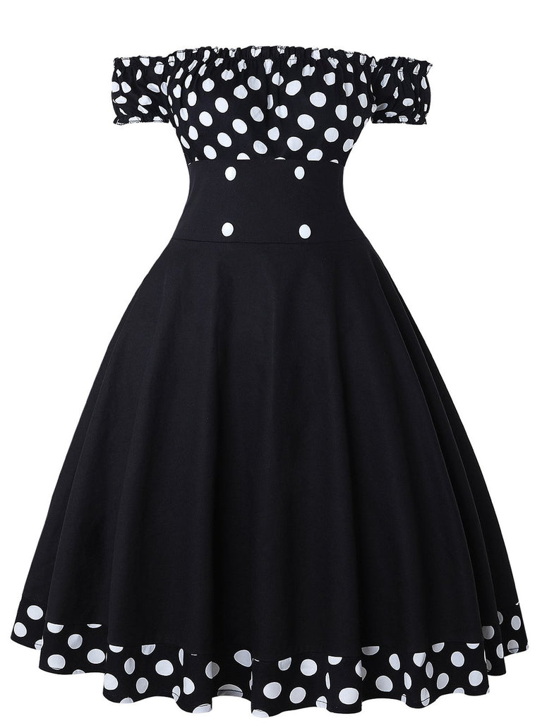 Black 1950s Off Shoulder Polka Dots Dress With Accessories Set