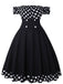 Black 1950s Off Shoulder Polka Dots Dress With Accessories Set