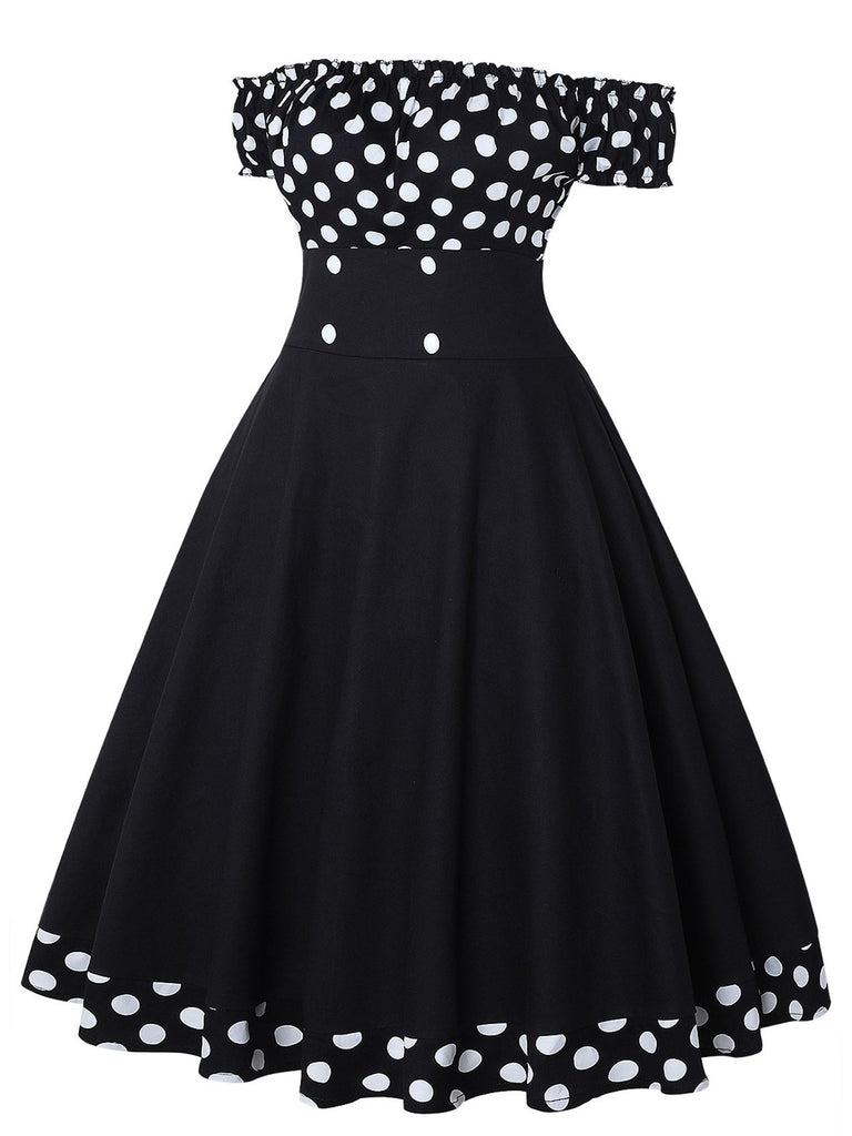Black 1950s Off Shoulder Polka Dots Dress With Accessories Set