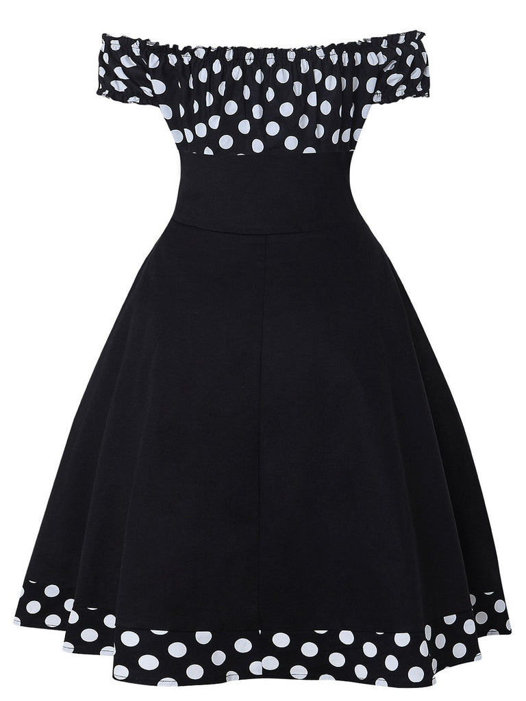 Black 1950s Off Shoulder Polka Dots Dress With Accessories Set