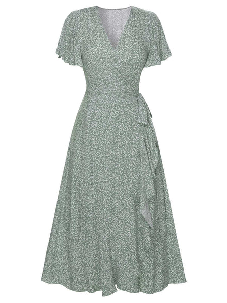 Green 1940s Ditsy Floral Flounce Sleeve Dress