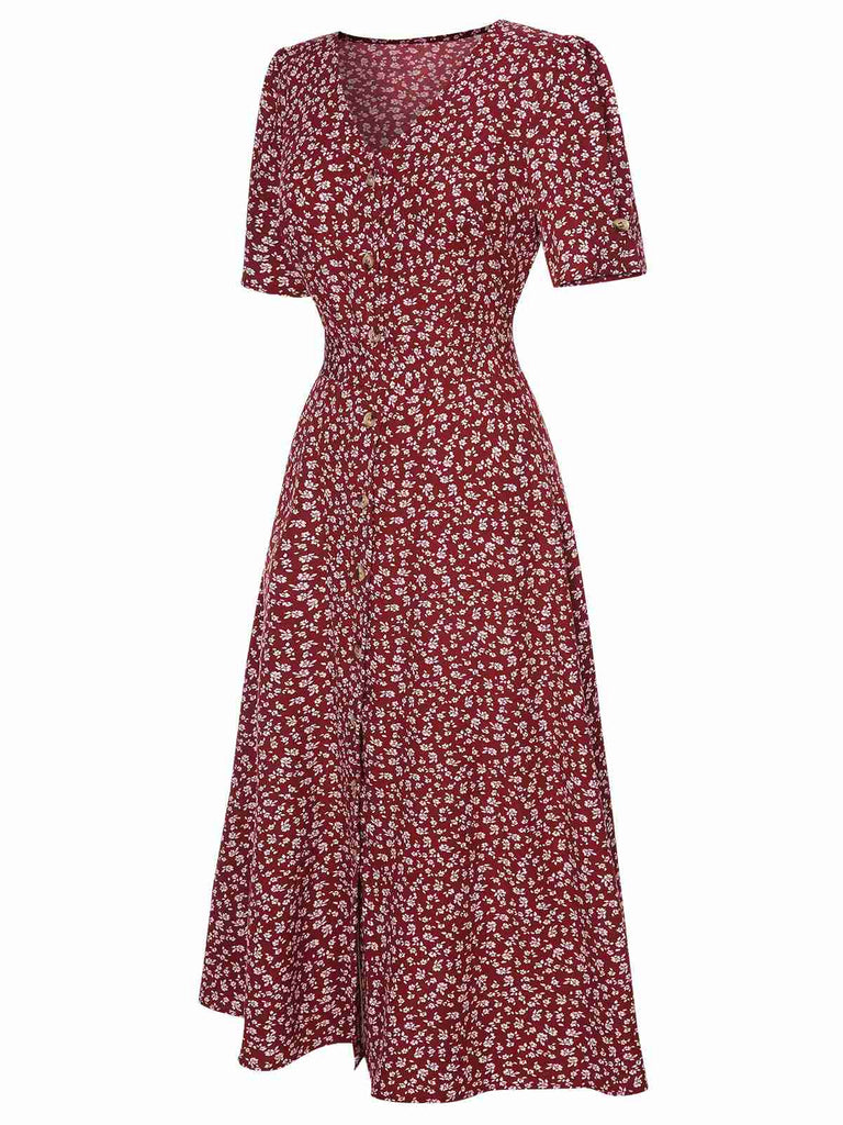 Wine Red 1940s V-Neck Ditsy Floral Dress