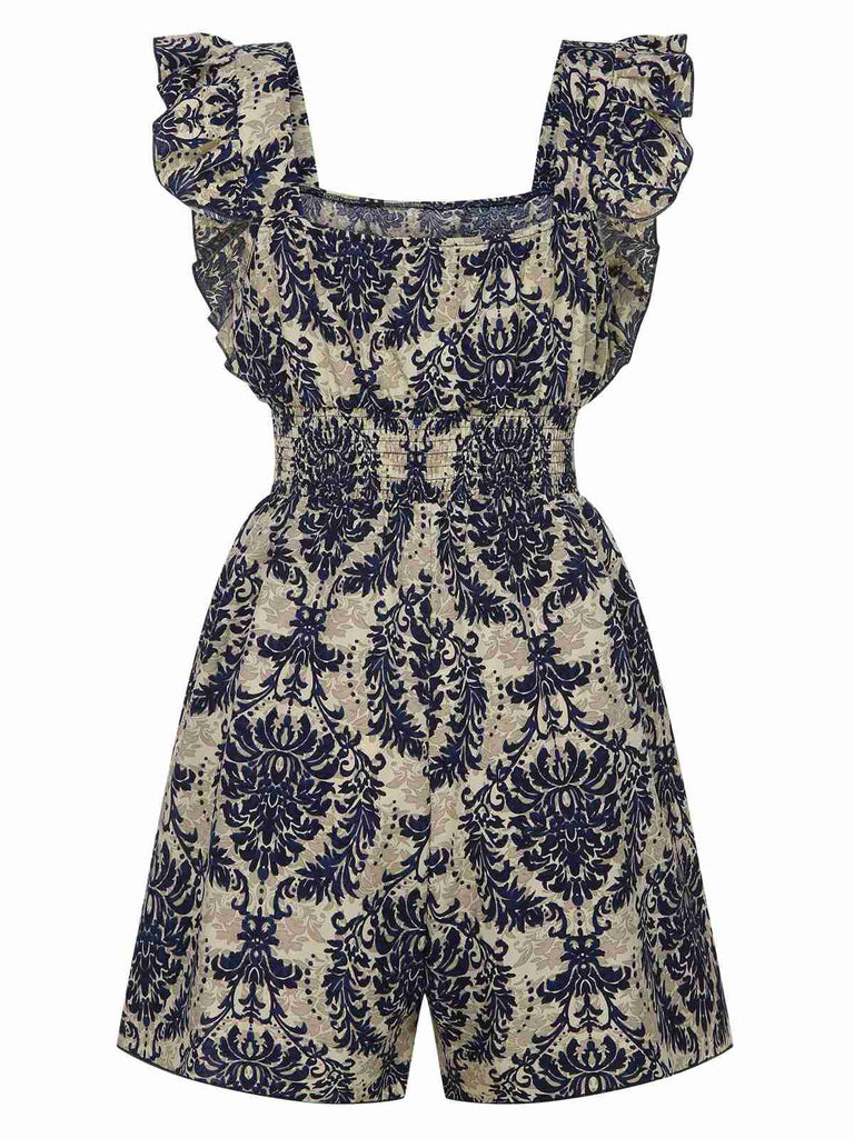 1970s Baroque Prints Square Neck Ruffles Romper