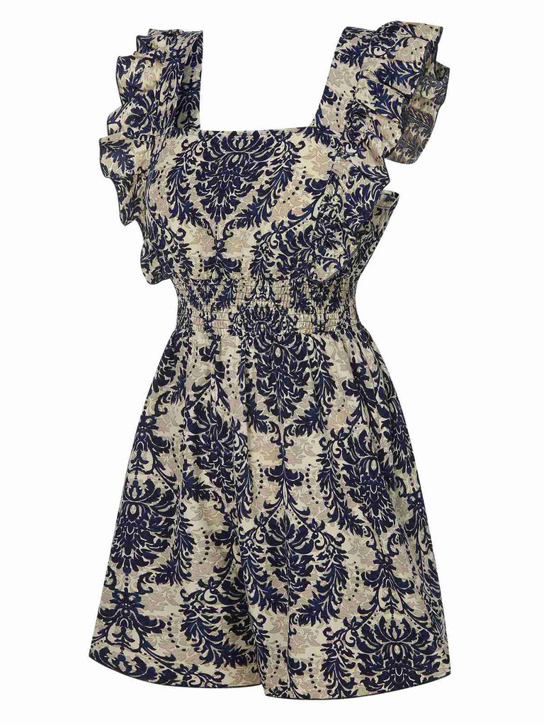 1970s Baroque Prints Square Neck Ruffles Romper