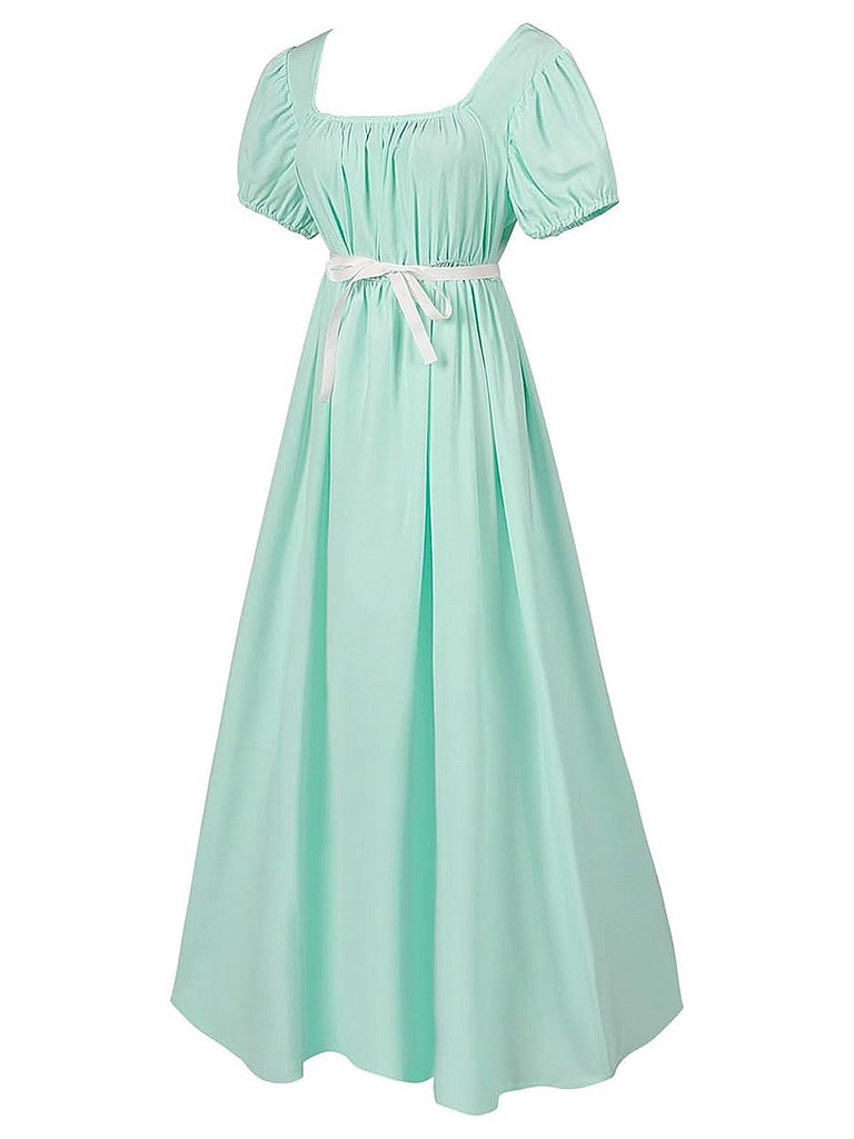1930s Solid Square Neck Puff Sleeves Dress