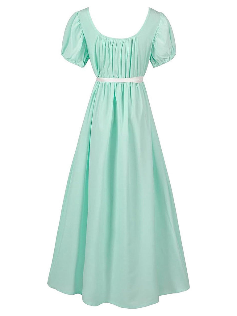1930s Solid Square Neck Puff Sleeves Dress