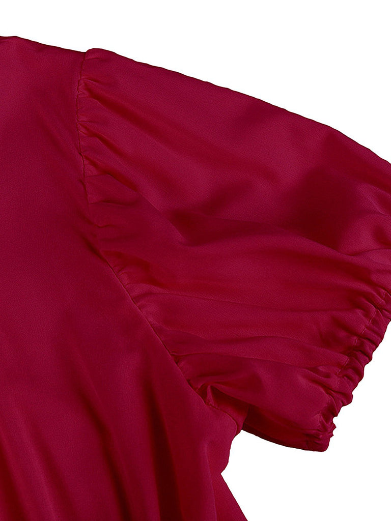 1930s Solid Square Neck Puff Sleeves Dress