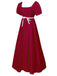 1930s Solid Square Neck Puff Sleeves Dress