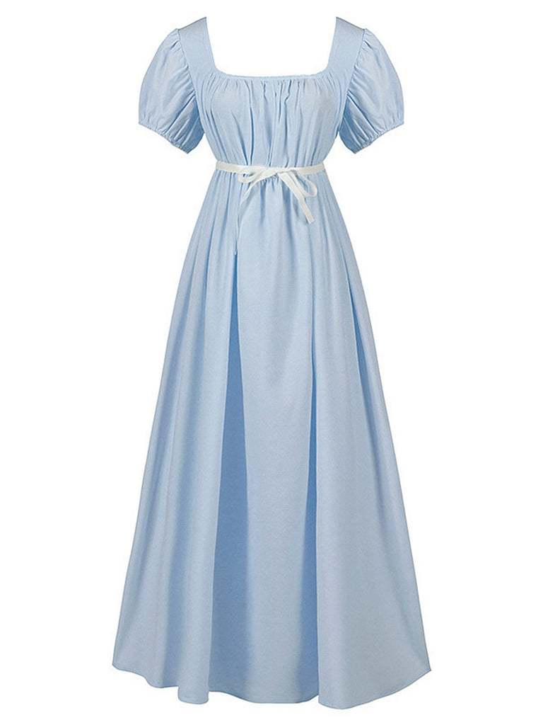 1930s Solid Square Neck Puff Sleeves Dress