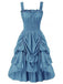 1930s Solid Square Neck Drawstring Layered Dress
