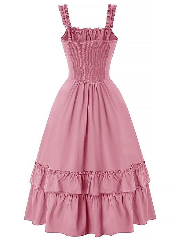 1930s Solid Square Neck Drawstring Layered Dress