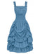 1930s Solid Square Neck Drawstring Layered Dress