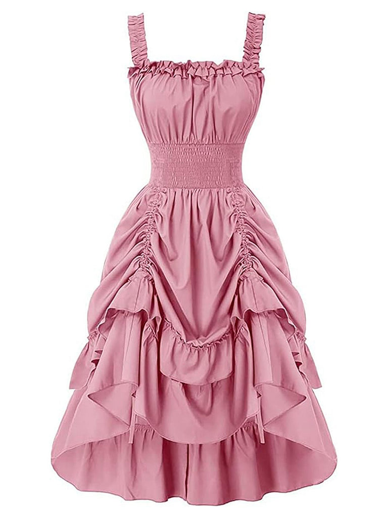 1930s Solid Square Neck Drawstring Layered Dress