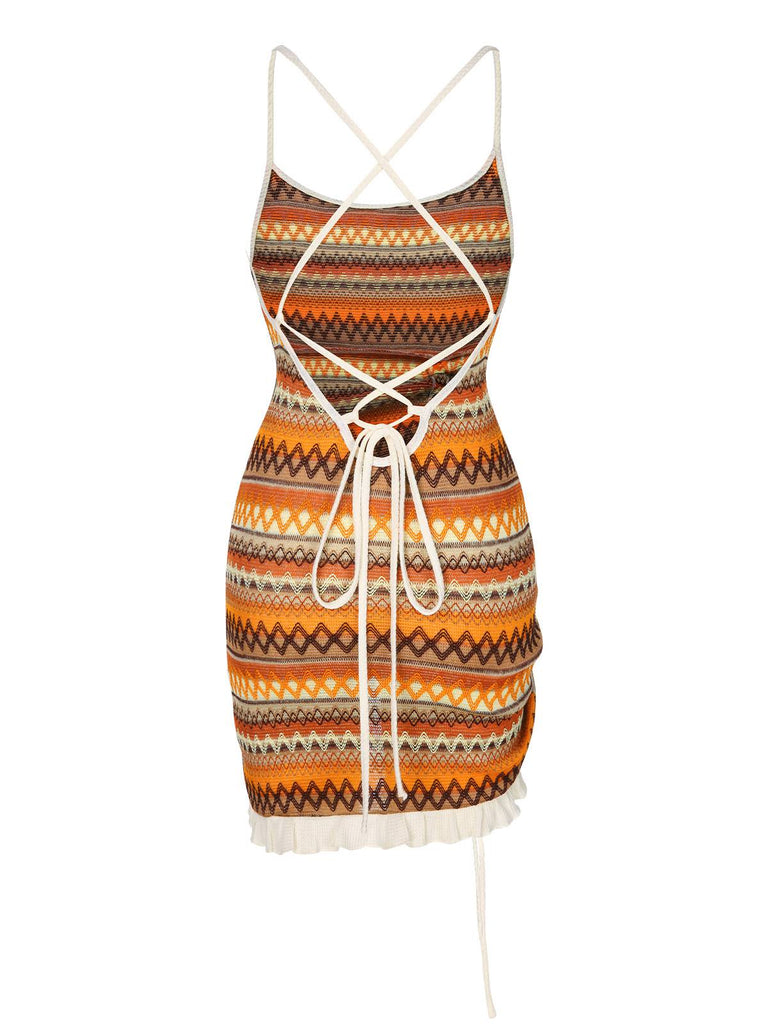 Multicolor 1960s Bohemian Drawstring Knit Straps Dress