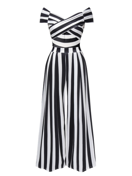Black 1960s Off-Shoulder Stripes Jumpsuit | Retro Stage