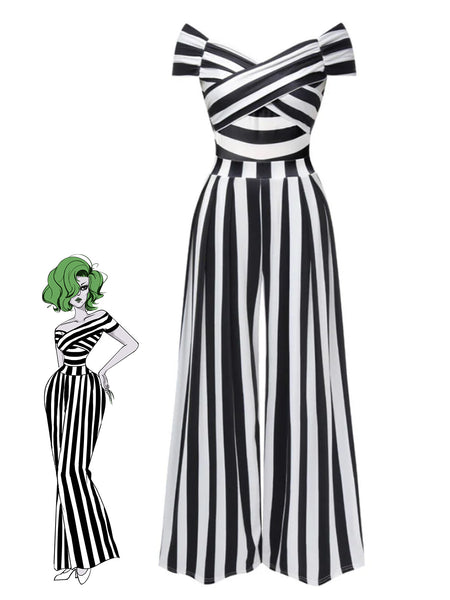 Black 1960s Off Shoulder Stripes Jumpsuit Retro Stage