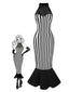 Black 1930s Spiderweb Mesh Stripe Fishtail Dress