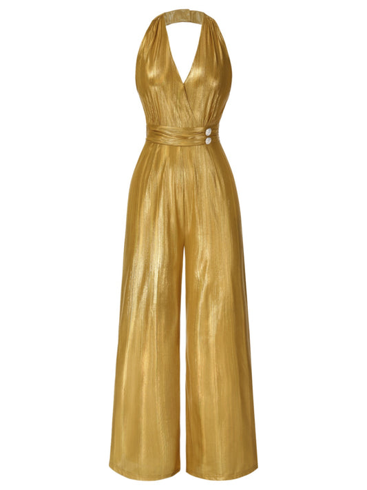 Gold 1970s Solid V-Neck Halter Jumpsuit