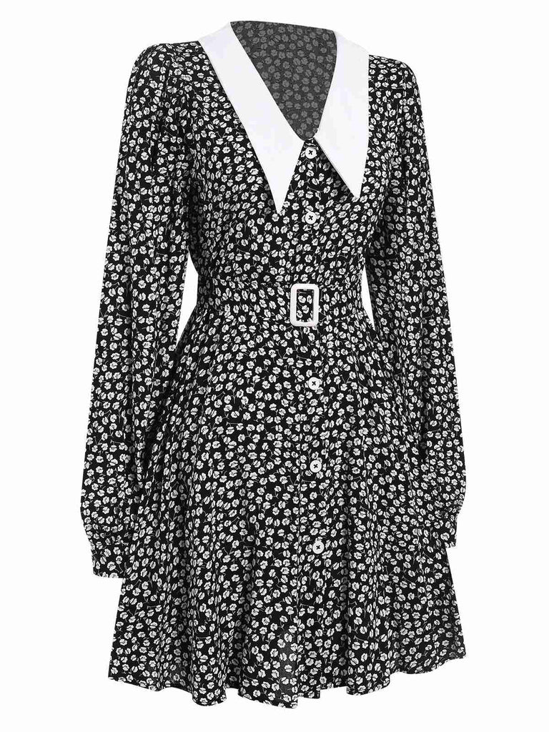 Black 1950s Lapel Lantern Sleeves Ditsy Floral Dress