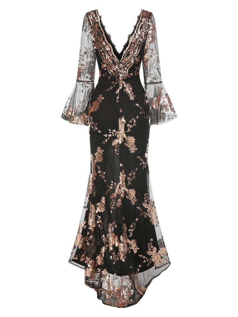 1930s Deep V-Neck Mesh Sequined Maxi Dress