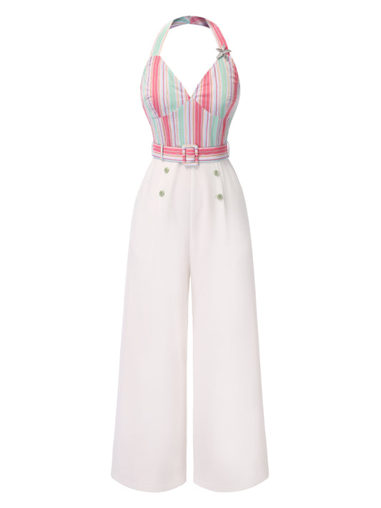 1950s Halter Starfish Colorful Stripes Belted Jumpsuit
