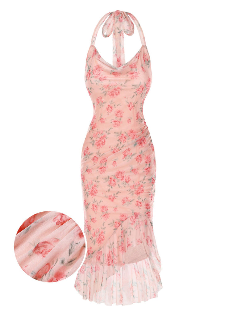 Pink 1930s Rose Silk Mesh Mermaid Dress