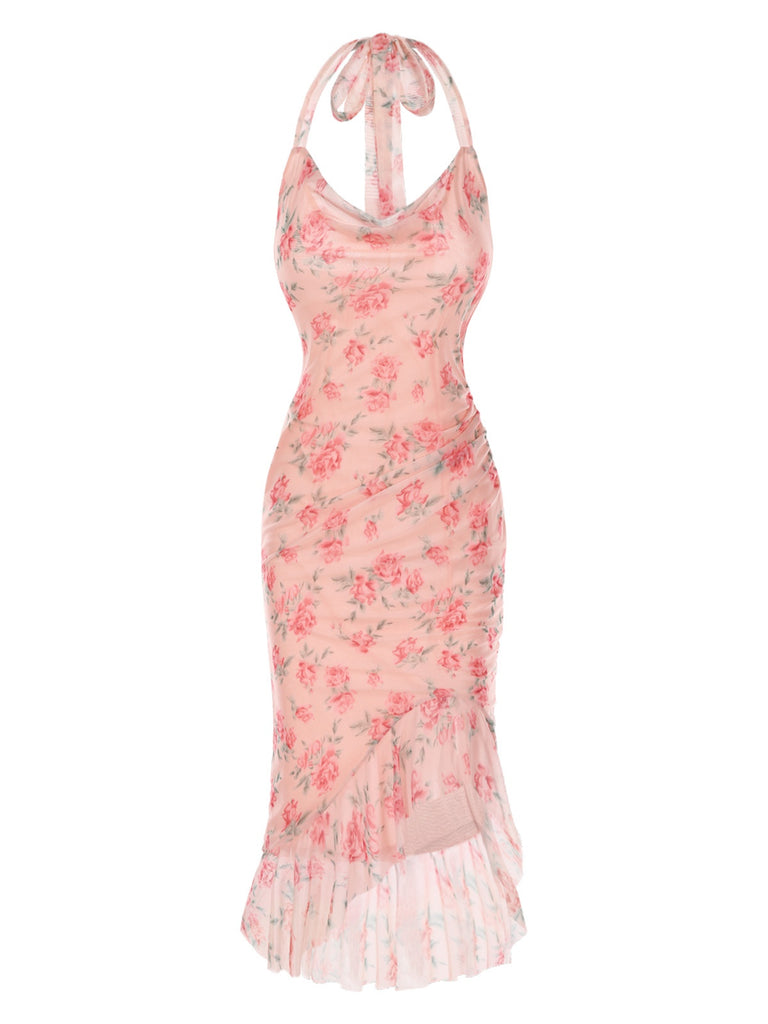 Pink 1930s Rose Silk Mesh Mermaid Dress