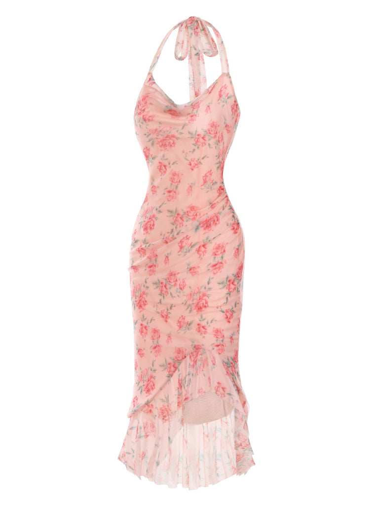 Pink 1930s Rose Silk Mesh Mermaid Dress