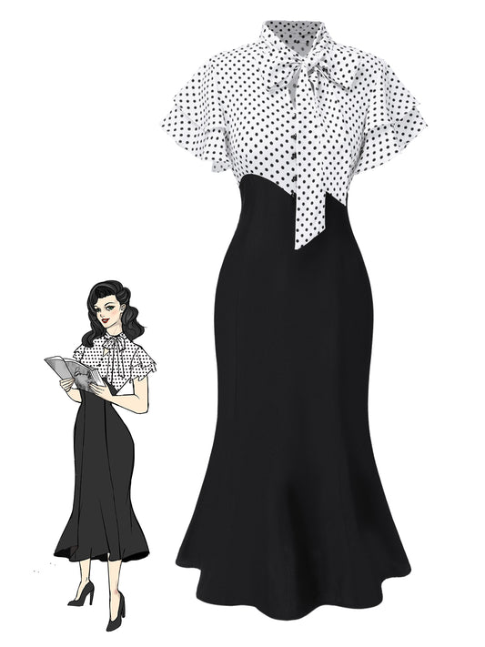 Black 1930s Dots Tie Neck Mermaid Dress