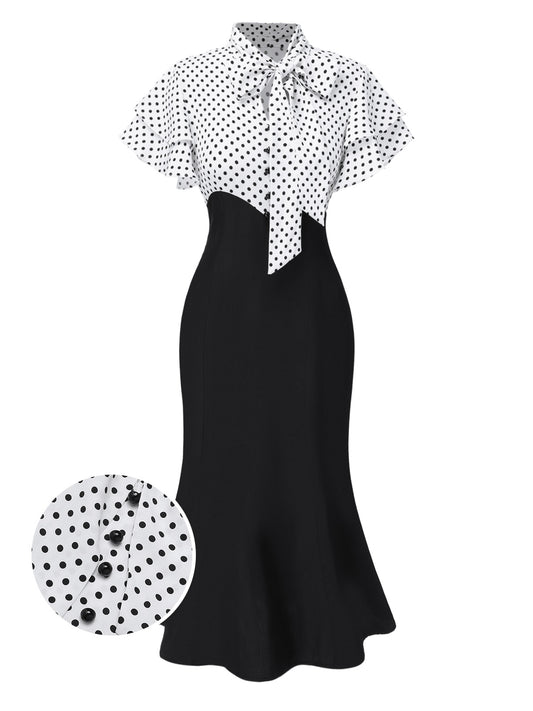 Black 1930s Dots Tie Neck Mermaid Dress