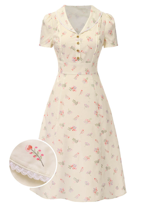 Pure Cotton Beige 1940s Puff Sleeves Floral Dress