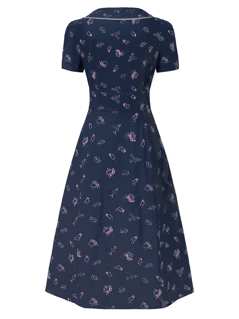 Pure Cotton Beige 1940s Puff Sleeves Floral Dress