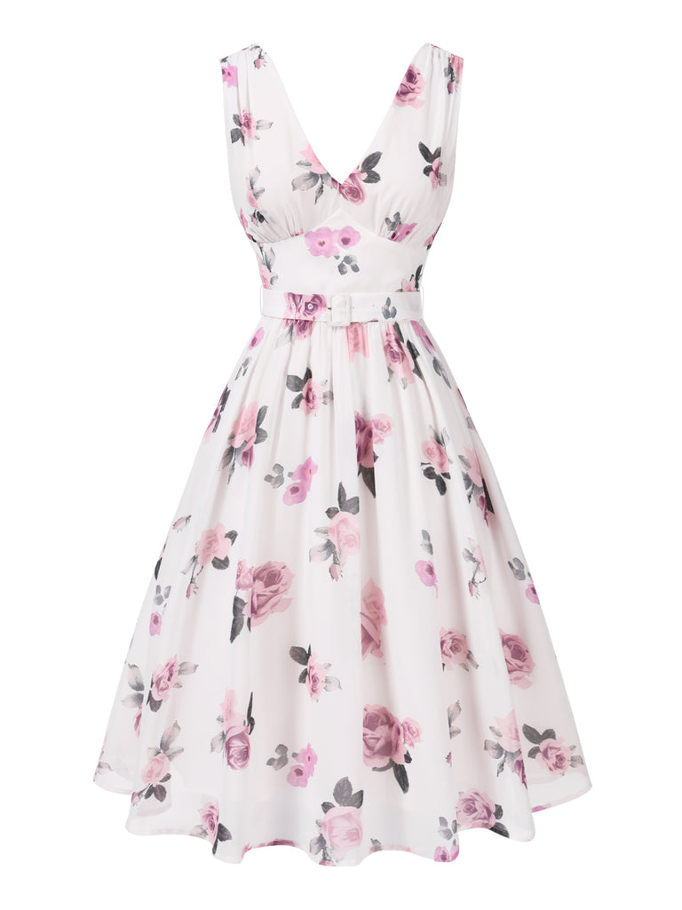 Pink 1940s Deep V-Neck Chiffon Rose Dress
