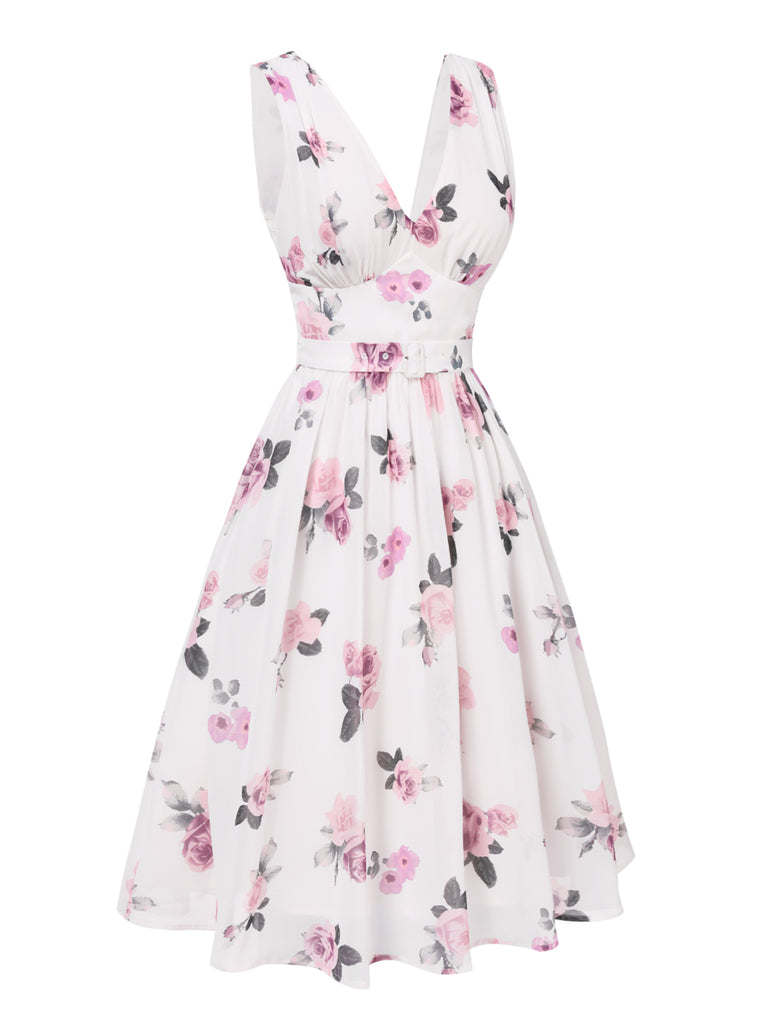 Pink 1940s Deep V-Neck Chiffon Rose Dress