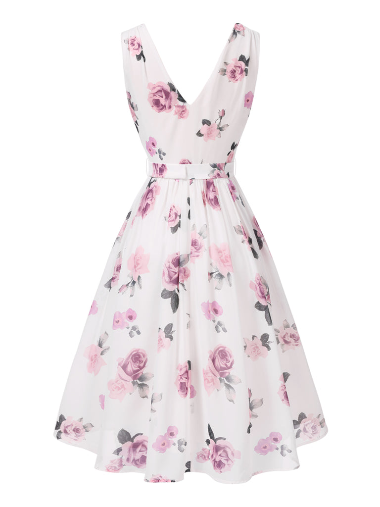 Pink 1940s Deep V-Neck Chiffon Rose Dress