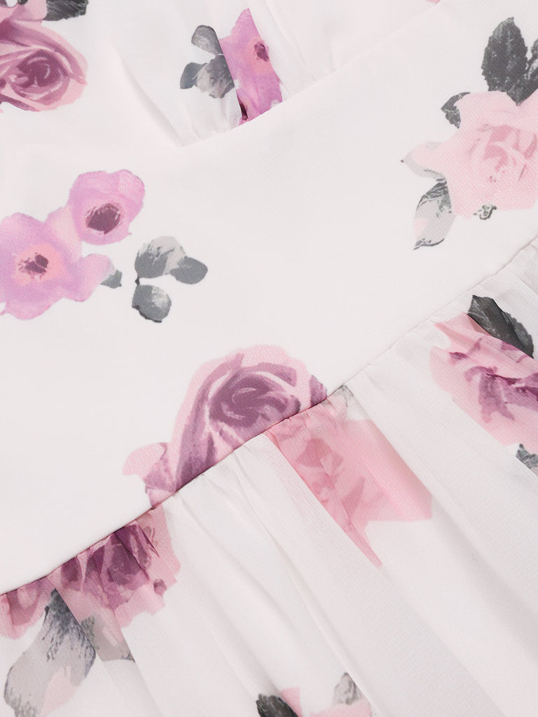 Pink 1940s Deep V-Neck Chiffon Rose Dress