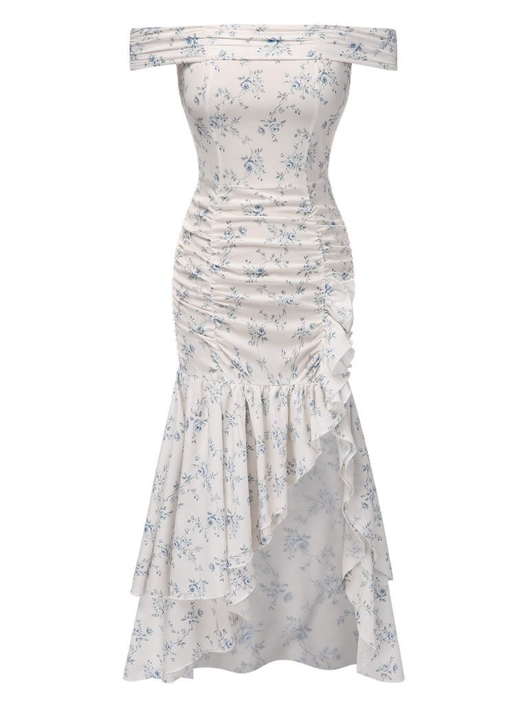 Blue 1930s Off-Shoulder Floral Ruffles Hem Dress