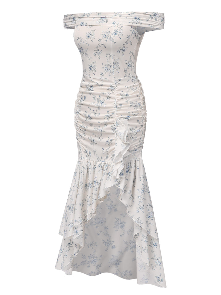 Blue 1930s Off-Shoulder Floral Ruffles Hem Dress