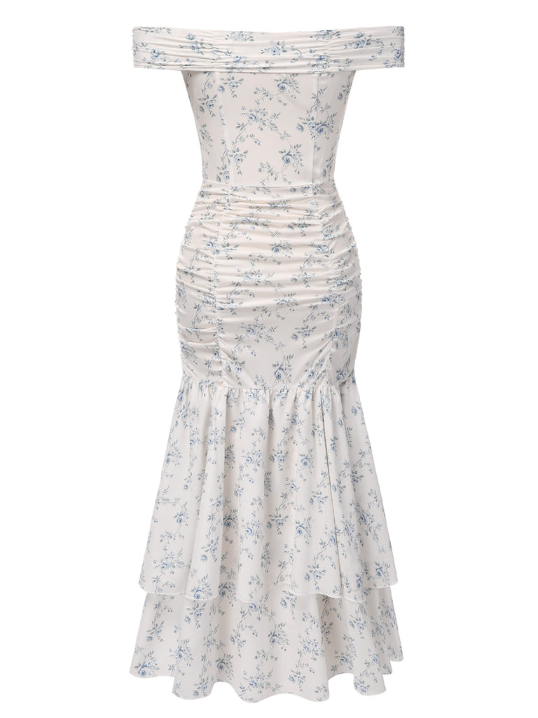 Blue 1930s Off-Shoulder Floral Ruffles Hem Dress