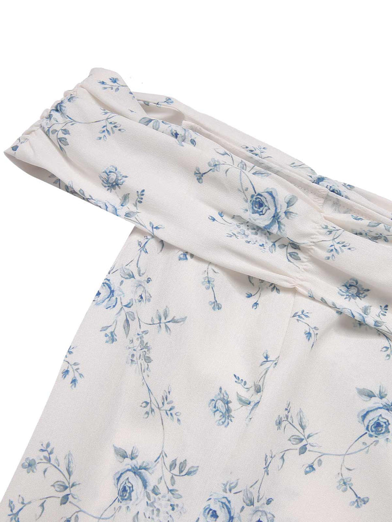 Blue 1930s Off-Shoulder Floral Ruffles Hem Dress