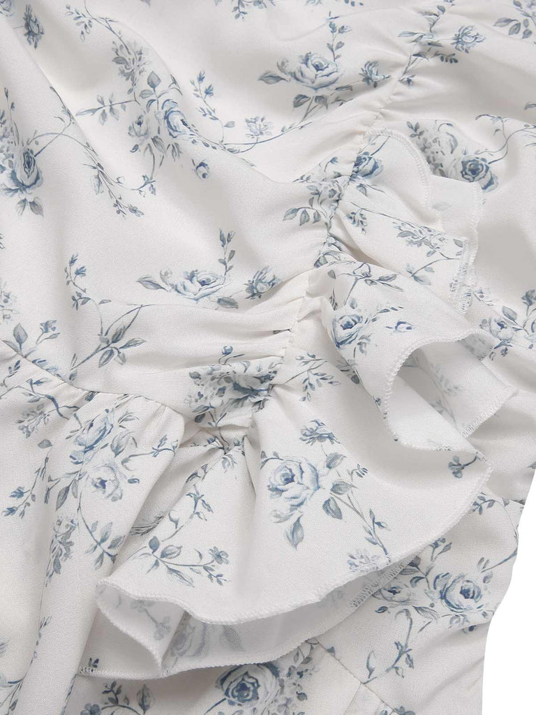 Blue 1930s Off-Shoulder Floral Ruffles Hem Dress