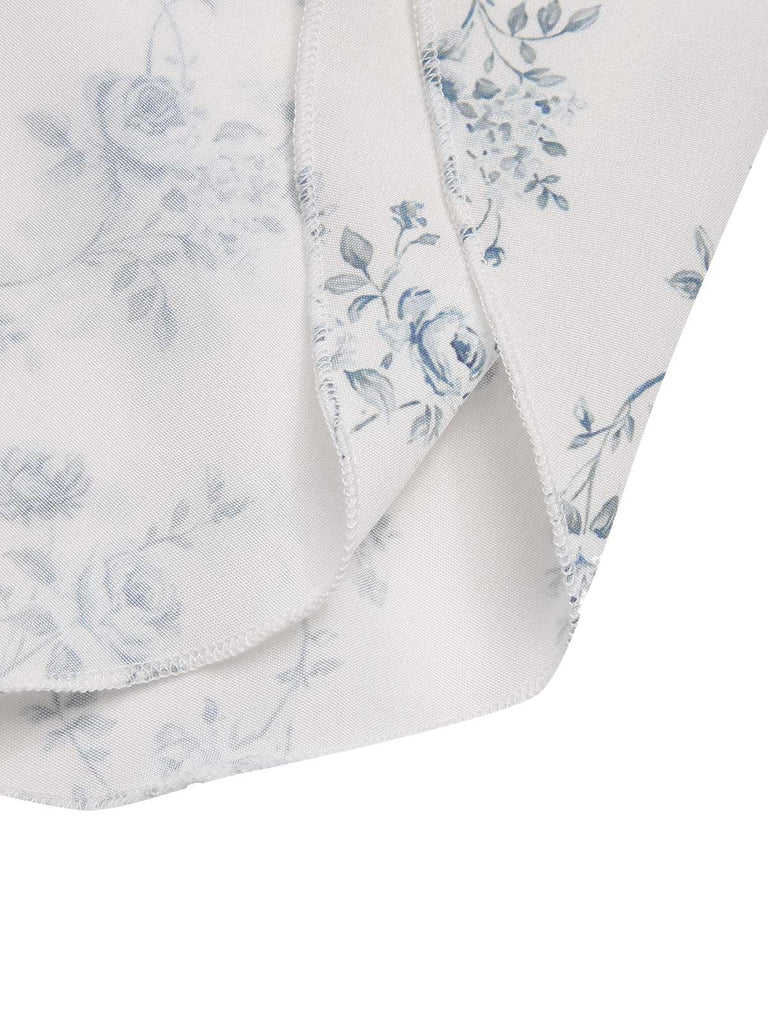 Blue 1930s Off-Shoulder Floral Ruffles Hem Dress