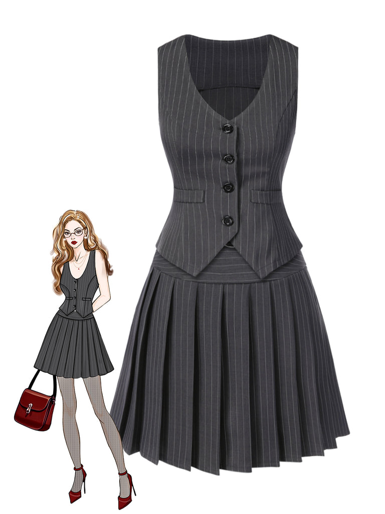 2PCS Dark Gray 1960s Pinstripes Top & Pleated Skirt