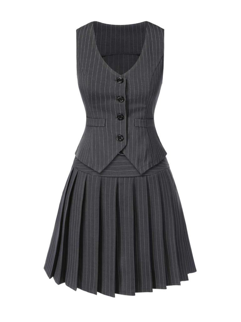 2PCS Dark Gray 1960s Pinstripes Top & Pleated Skirt