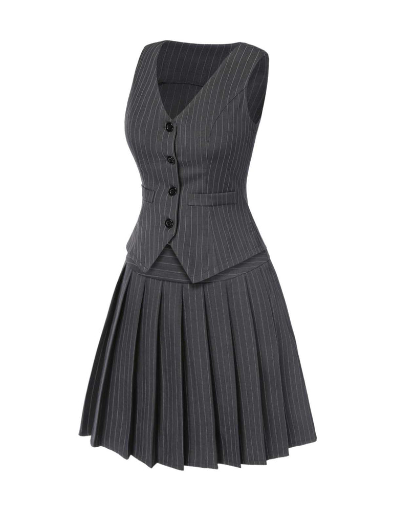 2PCS Dark Gray 1960s Pinstripes Top & Pleated Skirt