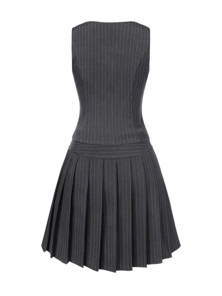 2PCS Dark Gray 1960s Pinstripes Top & Pleated Skirt