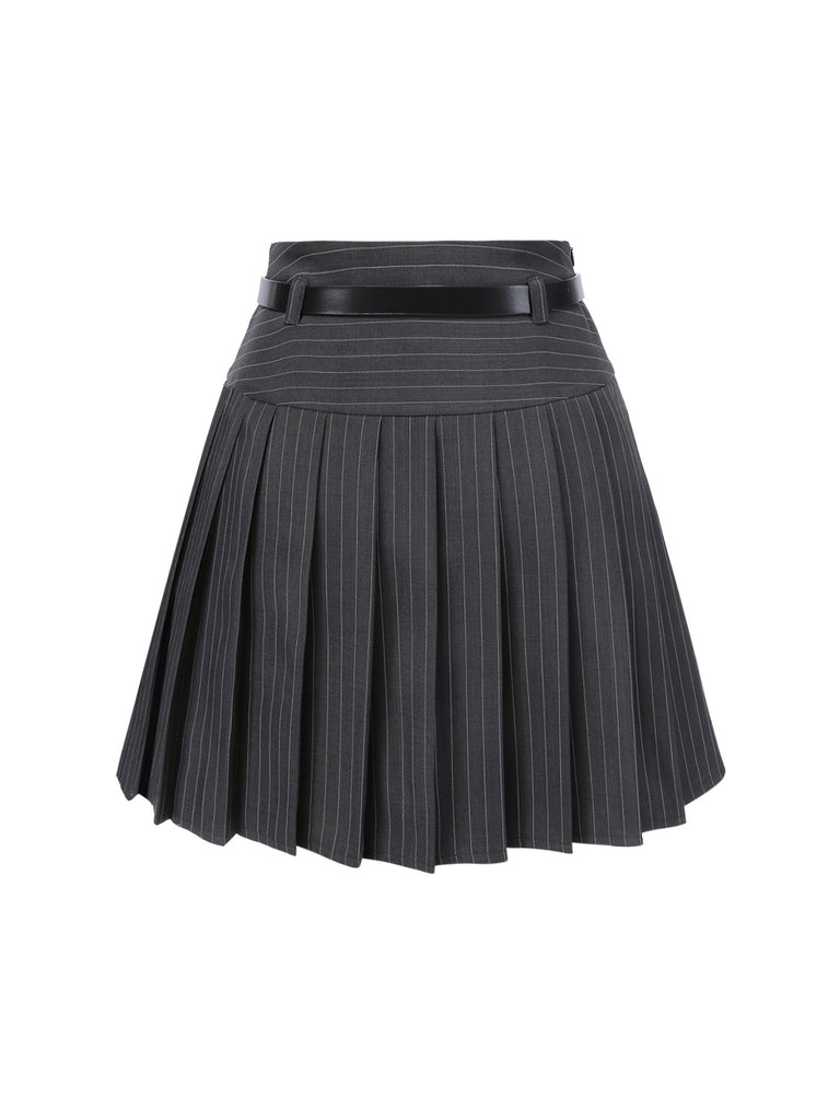 2PCS Dark Gray 1960s Pinstripes Top & Pleated Skirt