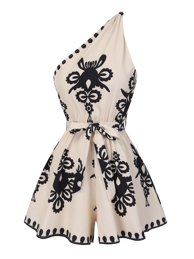 Pink 1940s Oblique Neck Tribal Printed Romper