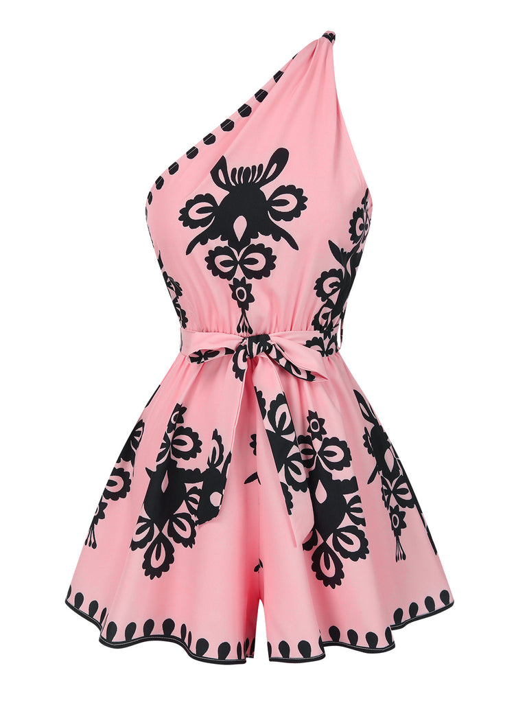 Pink 1940s Oblique Neck Tribal Printed Romper