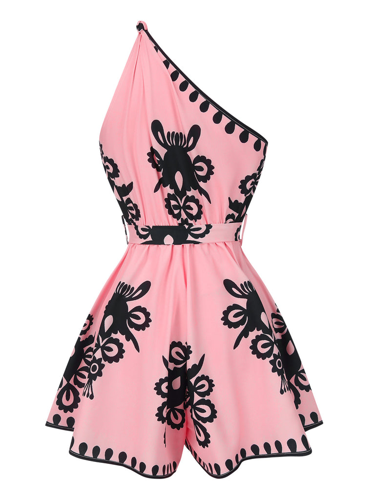 Pink 1940s Oblique Neck Tribal Printed Romper